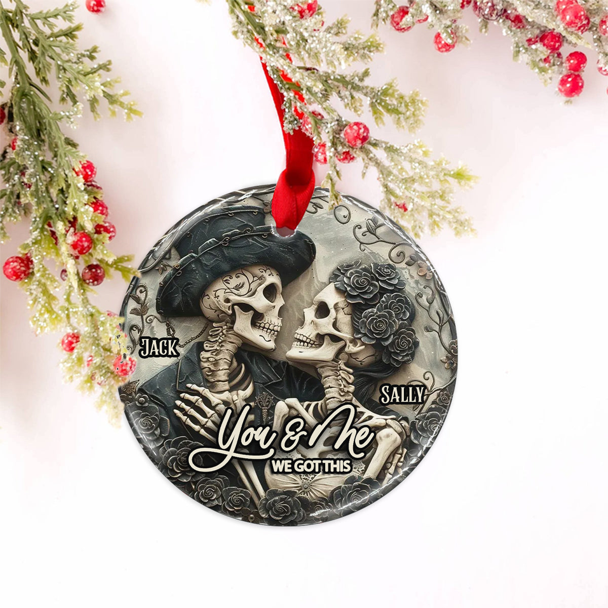 Toi et moi - Ornement rond en céramique personnalisé en forme de crâne