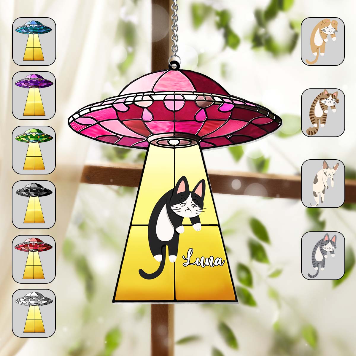 UFO With A Cat - Personalized Cat Window Hanging Suncatcher Ornament