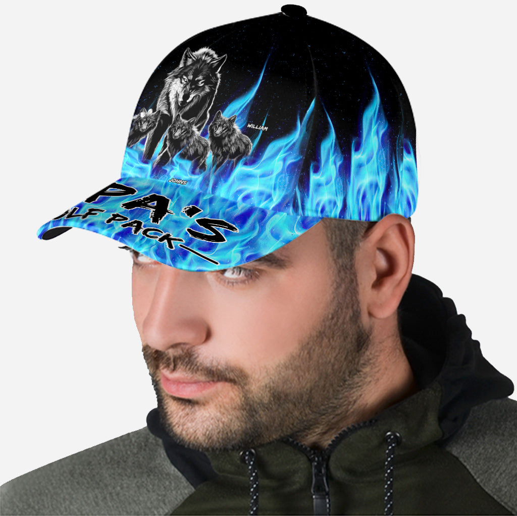Grandpa's Wolf Pack Blue Flames - Personalized Grandpa Classic Cap