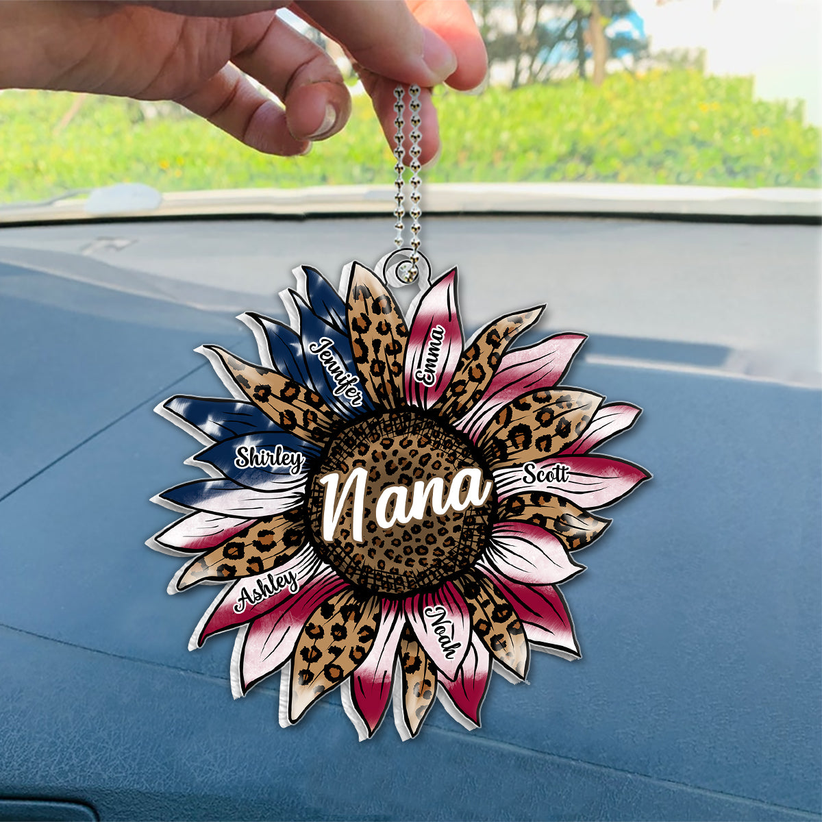 Grandma's Sunflower 4th Of July Flag - Personalized Grandma Custom Shaped Car Ornament