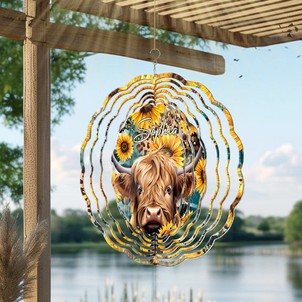 Highland Cow Among Sunflowers - Personalized Wind Spinner