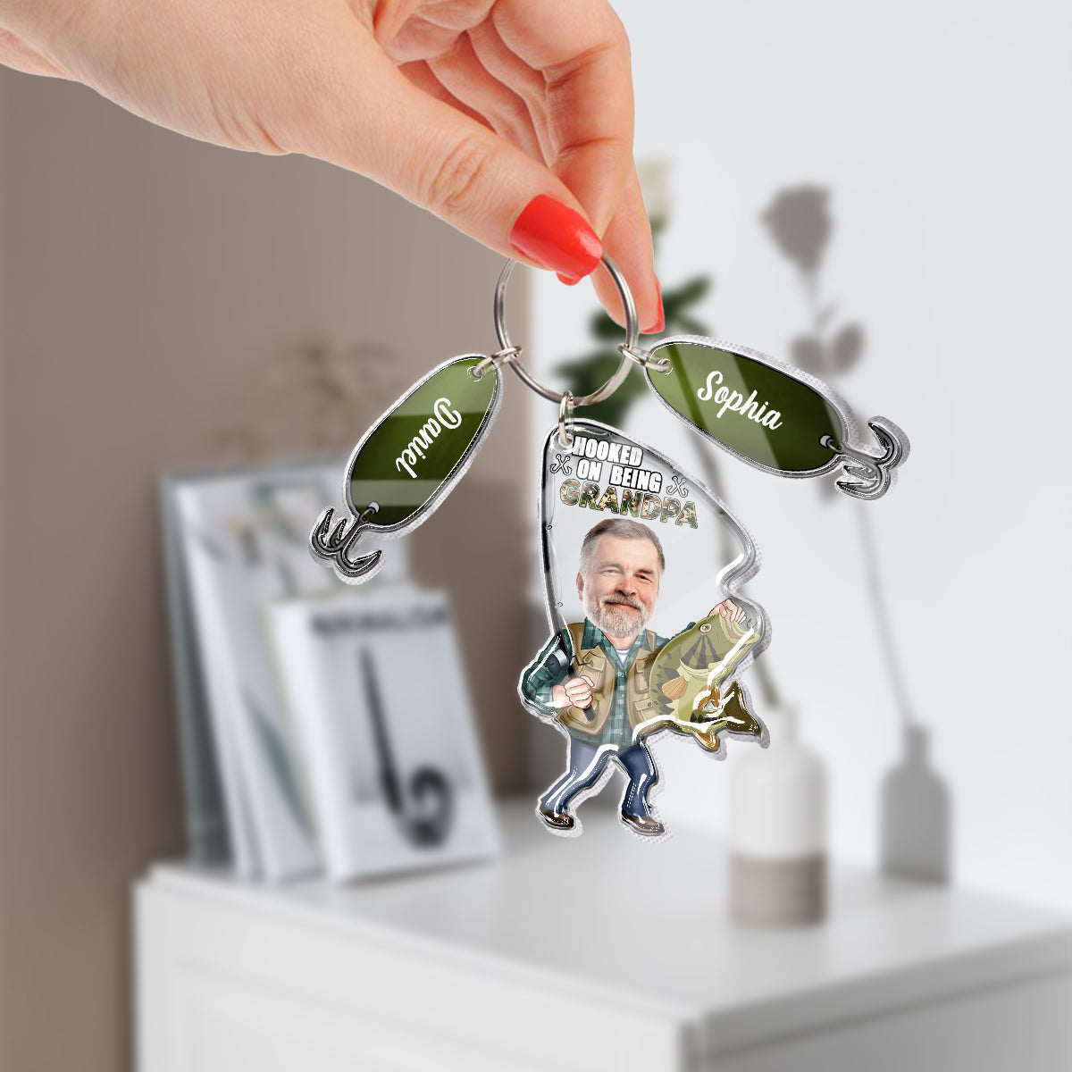 Hooked On Being Grandpa Any Title - Personalized Father Keychain with Charms