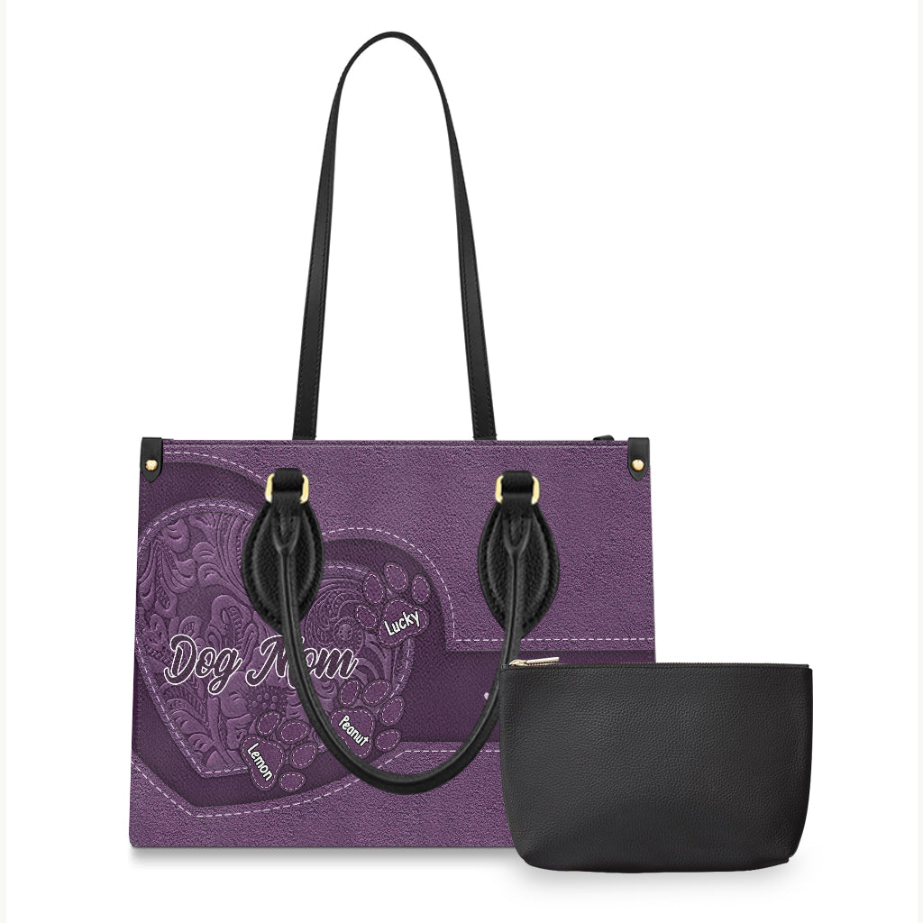 Dog Mom Cat Mom Heart And Paws - Personalized Dog Leather Handbag