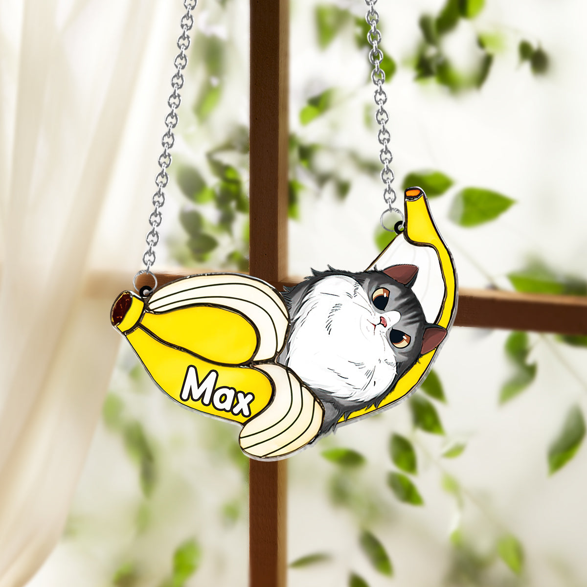 Funny Cat In A Banana - Personalized Cat Window Hanging Suncatcher Ornament