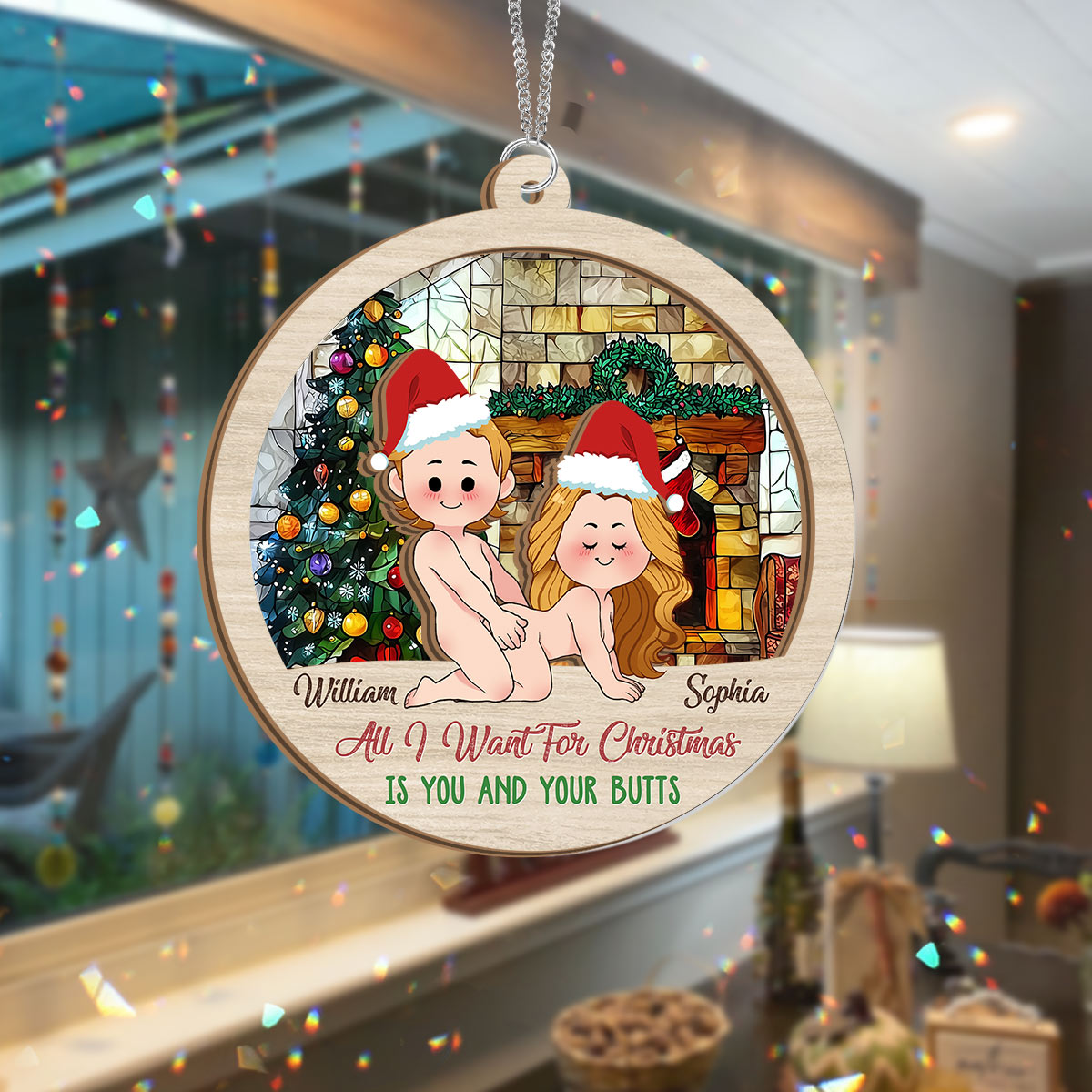 All I Want For Christmas Is You And Your Butt - Personalized Couple 2 Layered Window Hanging Suncatcher