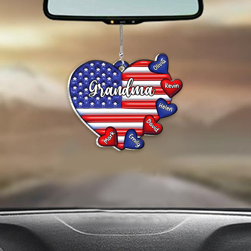 Grandma & Grandkids Puff Heart Flag - Personalized Grandma Car Ornament