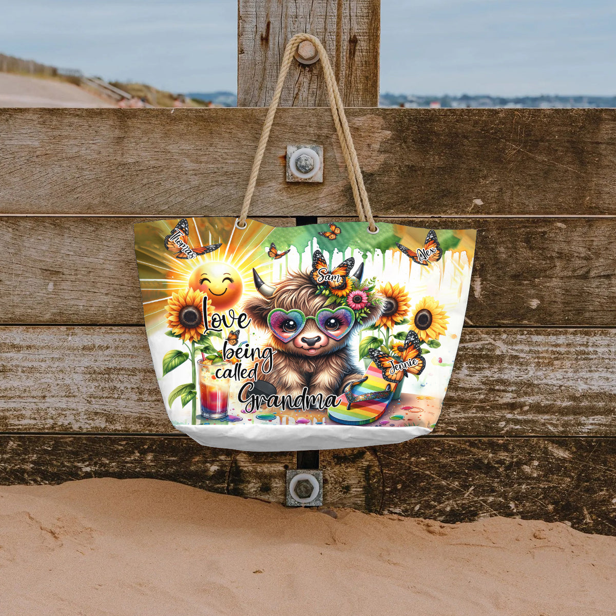 Love Being Called Grandma Highland Cow Summer Vibes - Personalized Beach Bag