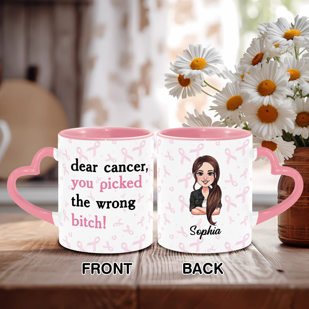 Cher cancer, tu as choisi la mauvaise personne - Mug personnalisé avec anse en forme de cœur pour la sensibilisation au cancer du sein