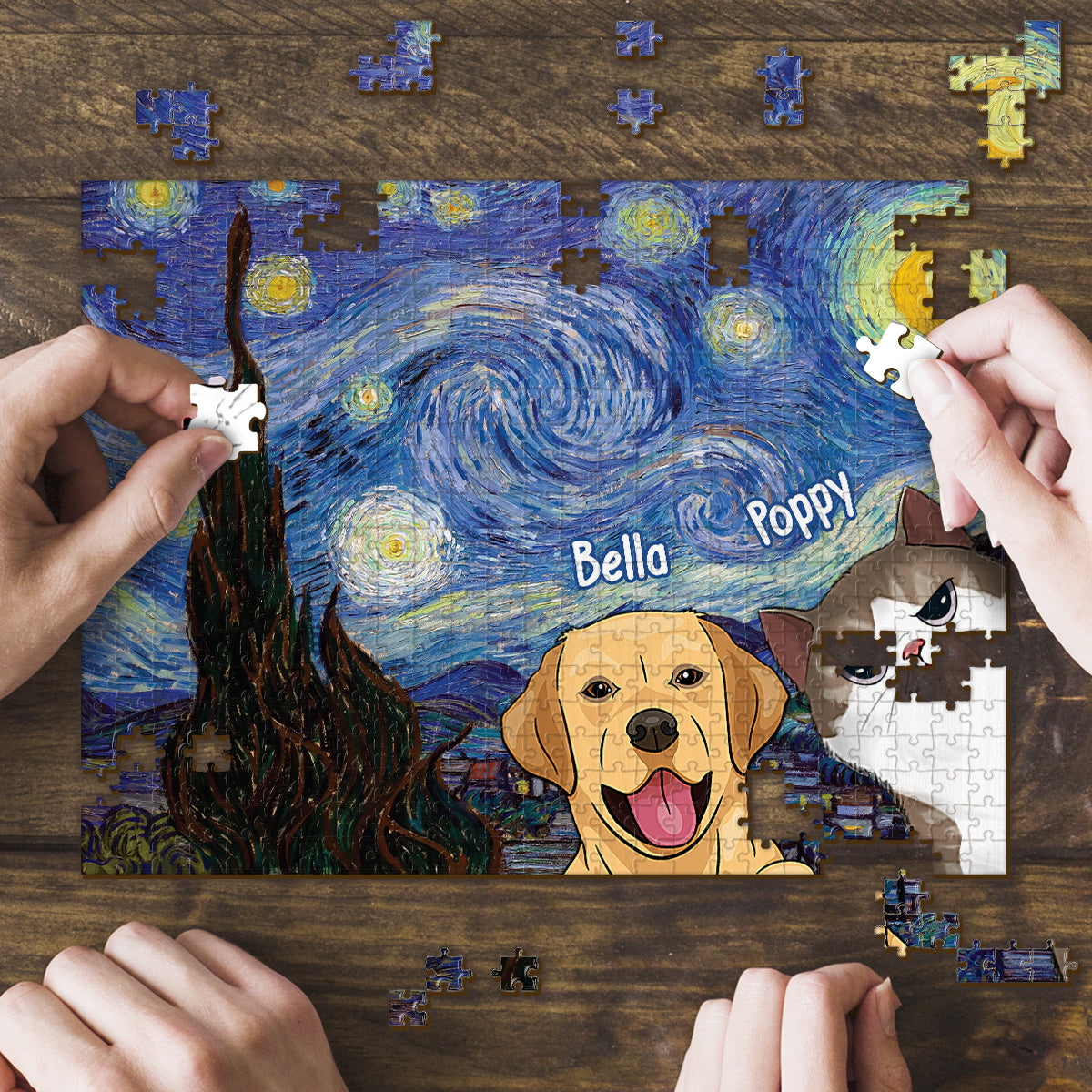Van Gogh Starry Night Cat - Personalized Cat Jigsaw Puzzle