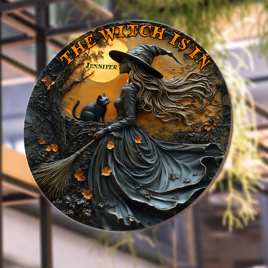 Beautiful Witch & Her Black Cat - Personalized Witch Round Metal Sign