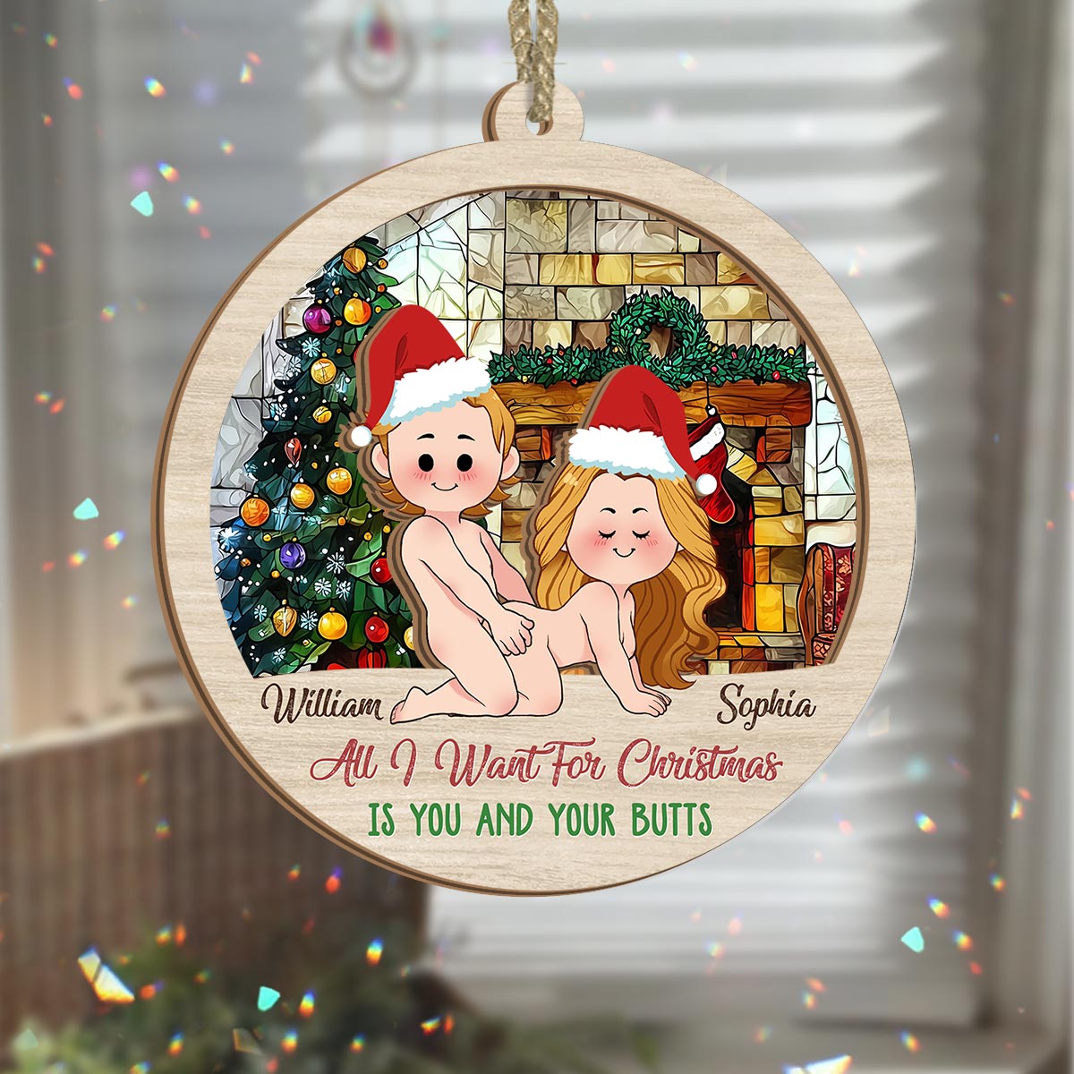 All I Want For Christmas Is You And Your Butt - Personalized Couple 2 Layered Window Hanging Suncatcher