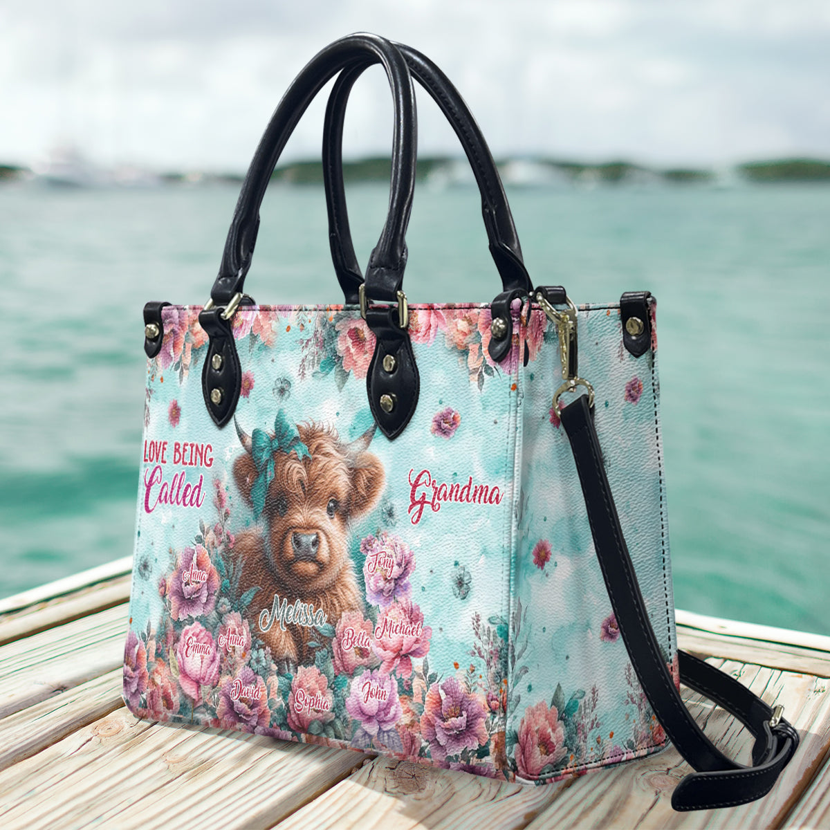 Love Being Called Grandma Highland Cow - Personalized Leather Handbag