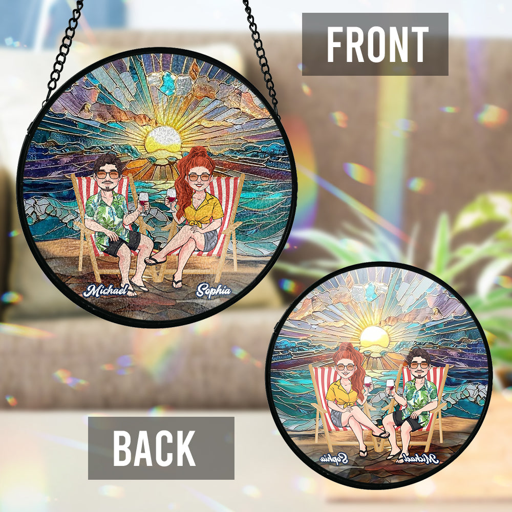 Happy Couple Enjoying Romantic Beach - Personalized Couple Stained Glass Suncatcher
