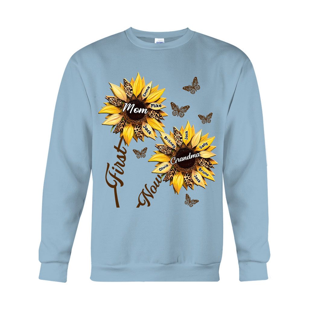 First Mom Now Grandma Sunflower - Personalized Grandma T-shirt And Hoodie