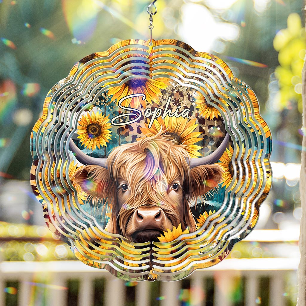 Highland Cow Among Sunflowers - Personalized Wind Spinner