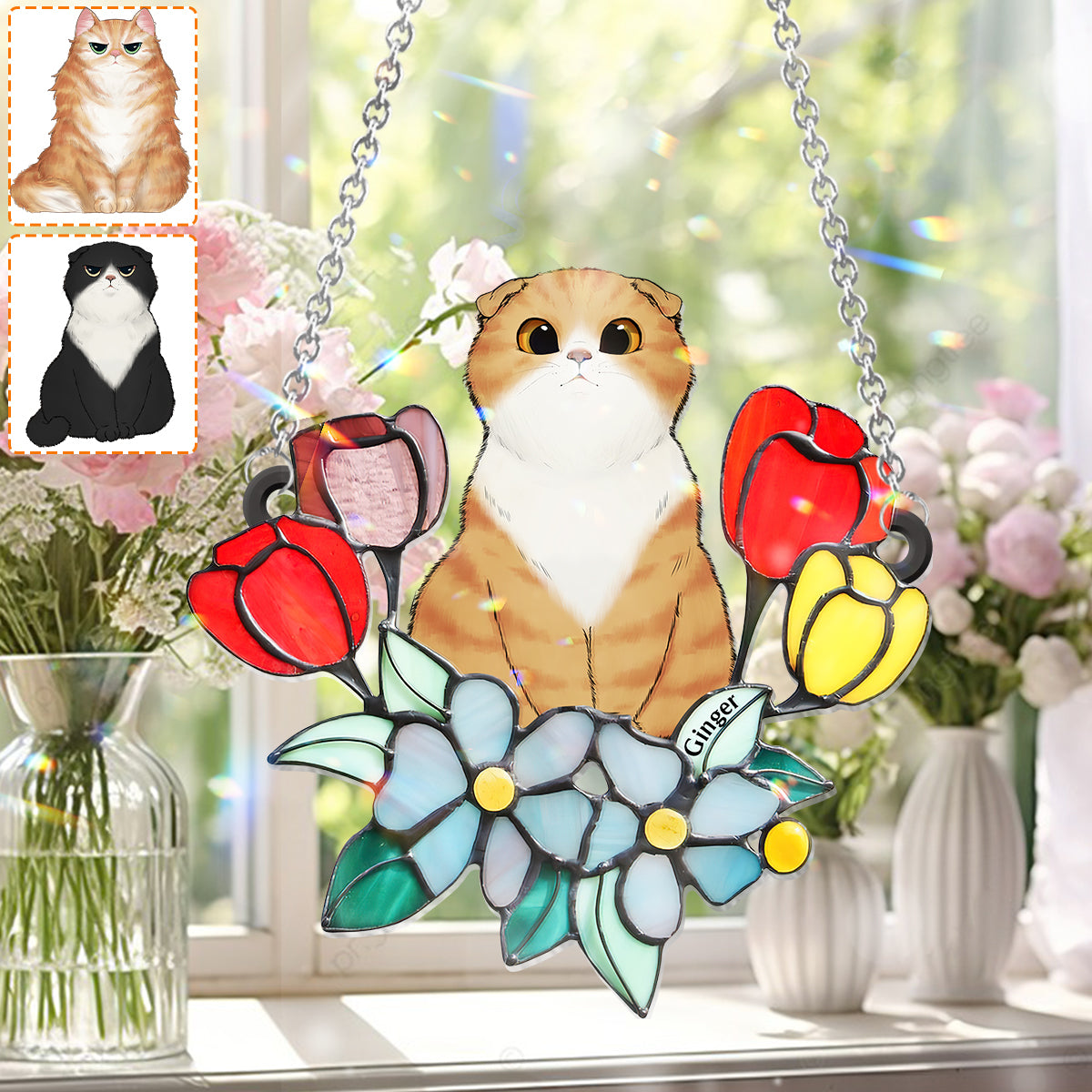 Cat Among Flowers - Personalized Cat Window Hanging Suncatcher Ornament
