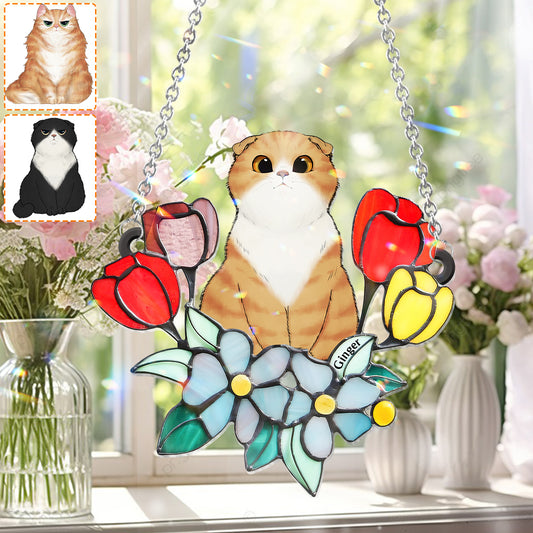 Cat Among Flowers - Personalized Cat Window Hanging Suncatcher Ornament