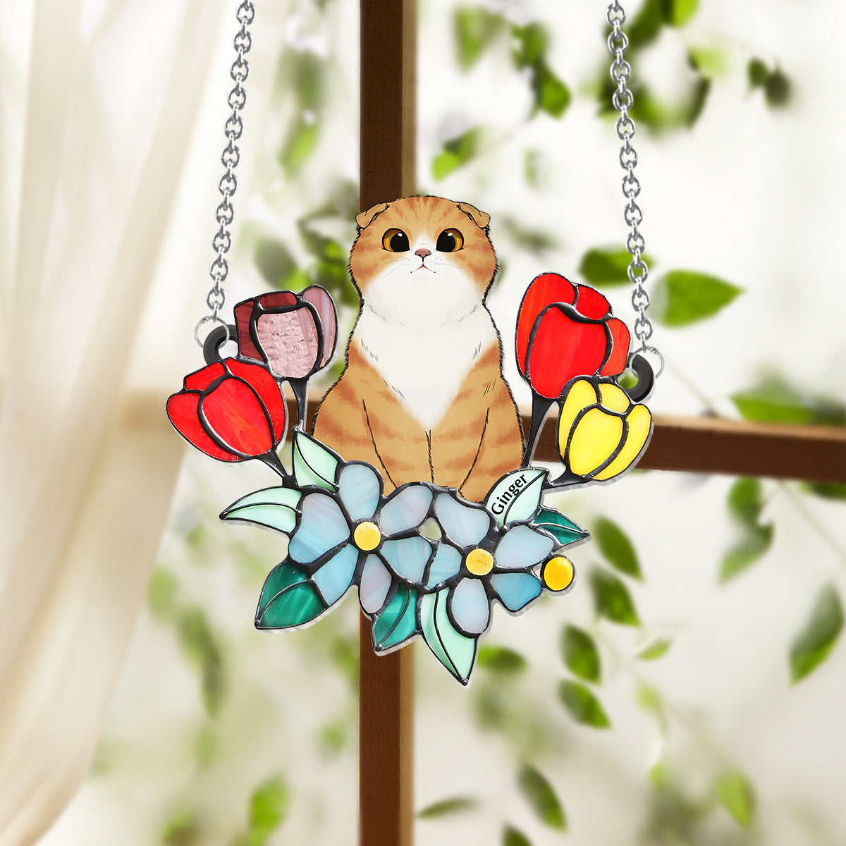 Cat Among Flowers - Personalized Cat Window Hanging Suncatcher Ornament