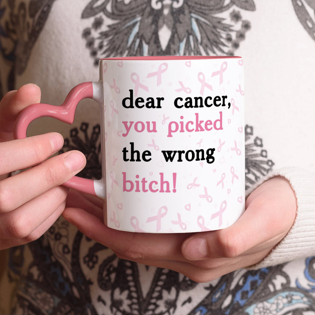 Cher cancer, tu as choisi la mauvaise personne - Mug personnalisé avec anse en forme de cœur pour la sensibilisation au cancer du sein