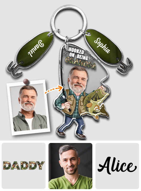 Hooked On Being Grandpa Any Title - Personalized Father Keychain with Charms