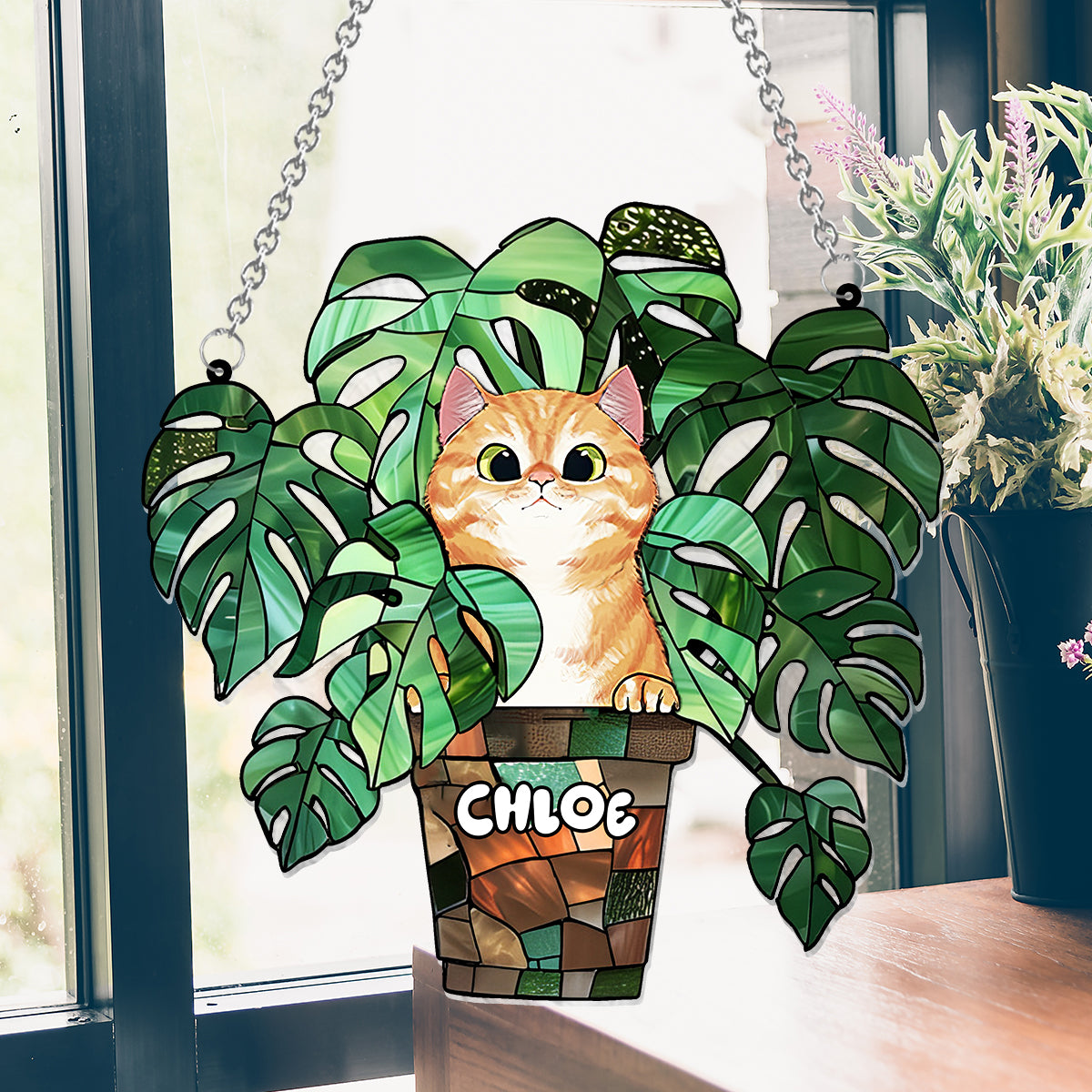 Peeking Cat And Monstera - Personalized Cat Window Hanging Suncatcher Ornament