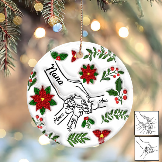 Tiens ma main, tiens mon cœur - Ornement rond en céramique personnalisé pour grand-mère