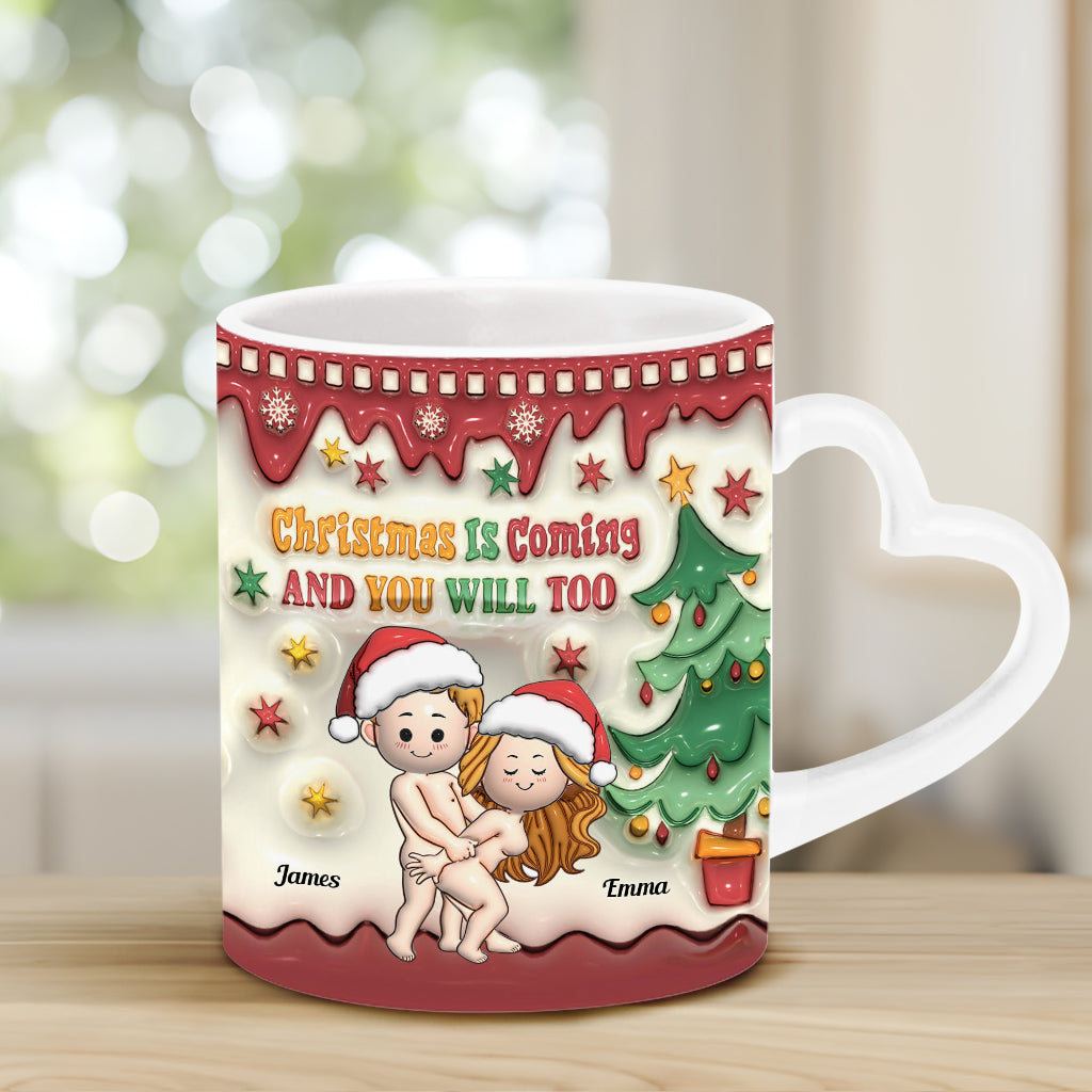 Christmas Is Coming - Personalized Couple Heart Handle Mug