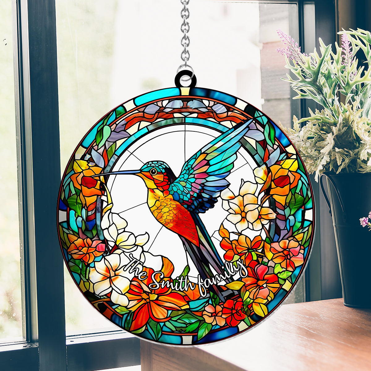 Magnifique colibri entouré de fleurs - Décoration attrape-soleil personnalisée à suspendre à la fenêtre. 