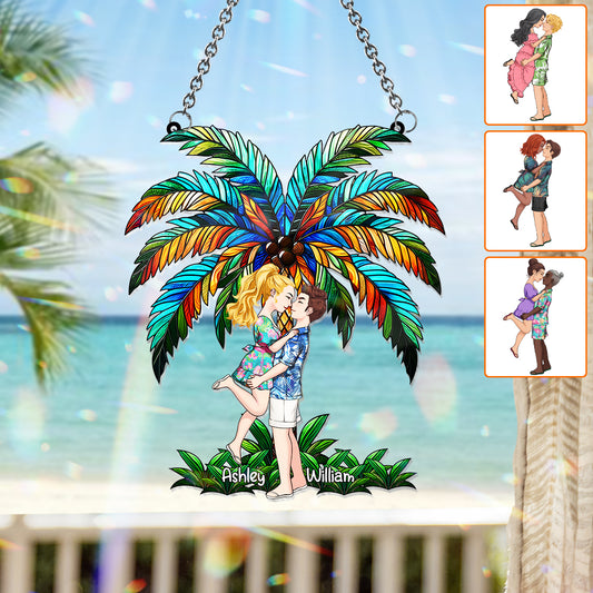 Romantic Couple Under The Palm Tree - Personalized Couple Window Hanging Suncatcher Ornament