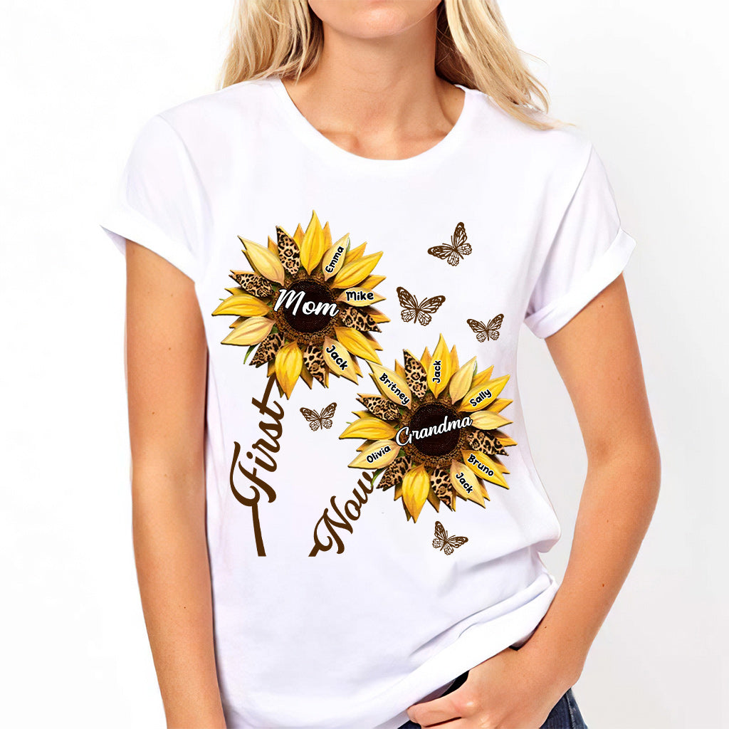 First Mom Now Grandma Sunflower - Personalized Grandma T-shirt And Hoodie