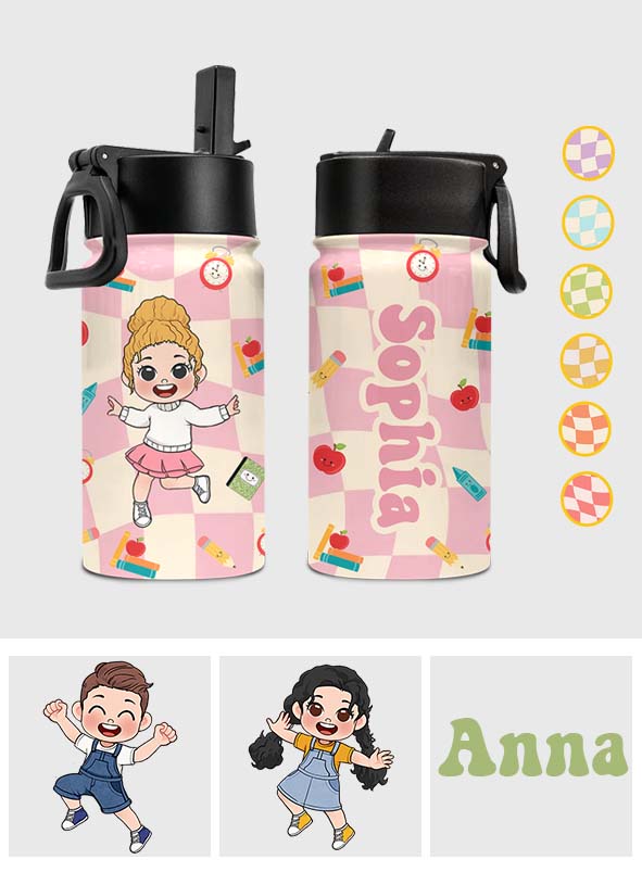 Wavy Check Back to School - Personalized Kid Kids Water Bottle