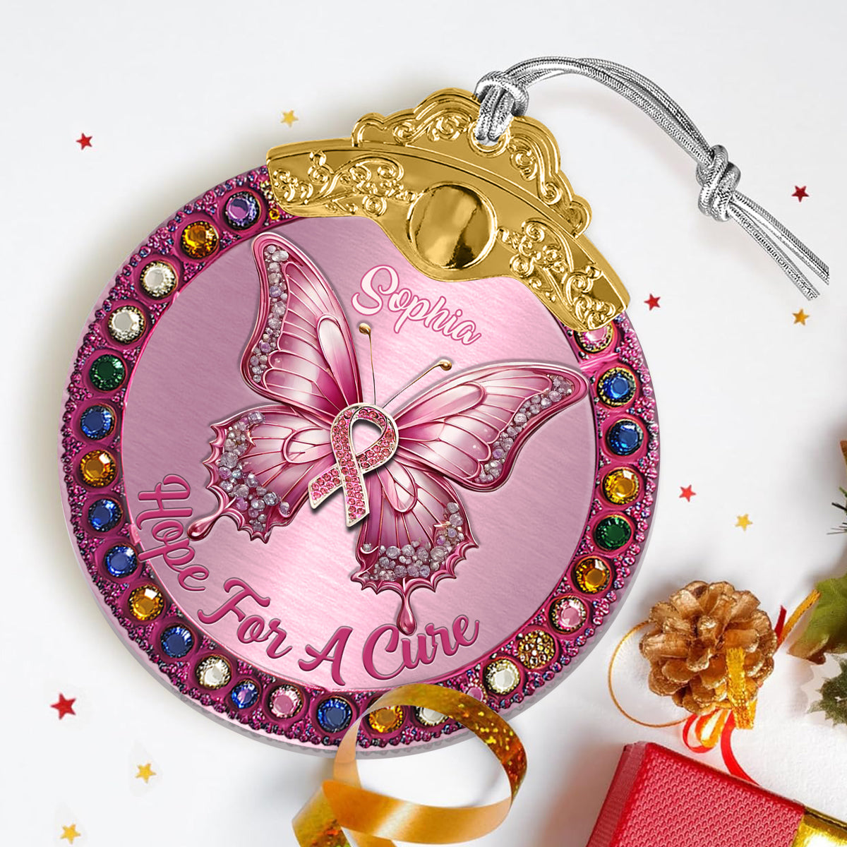 Hope For A Cure - Personalized Breast Cancer Awareness Vintage Ornament