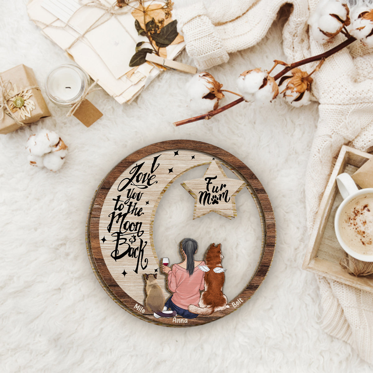 Ich vermisse dich, ich weiß, ich liebe dich bis zum Mond und zurück – Personalisiertes zweilagiges Holzschild mit Hundemotiv / Holzplakette