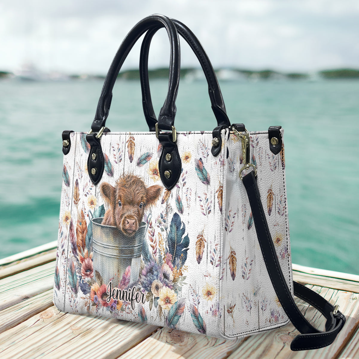 Sac à main en cuir personnalisé style western avec une vachette des Highlands bébé