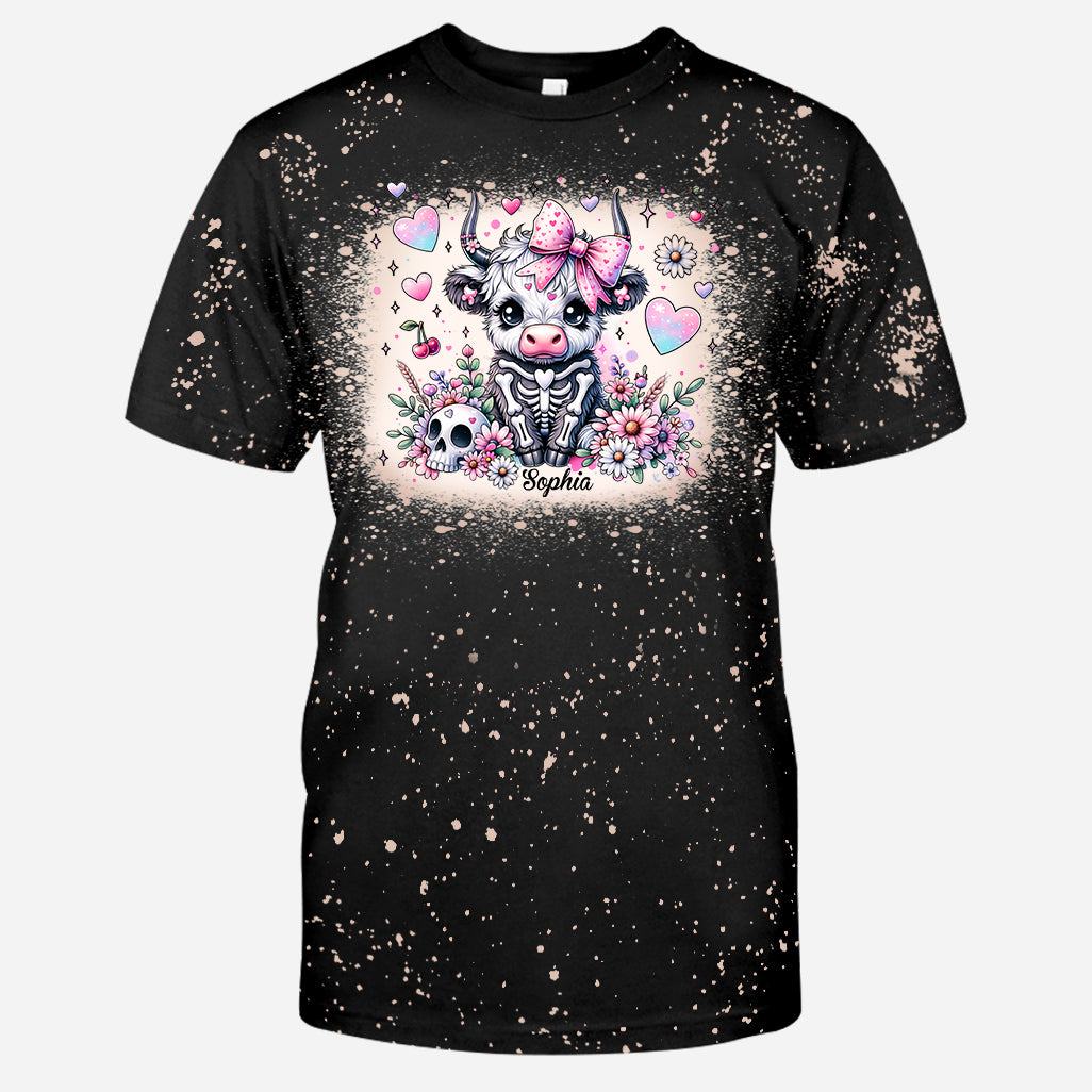 Cute Spooky Halloween Highland Cow - Personalized Bleached T-Shirt