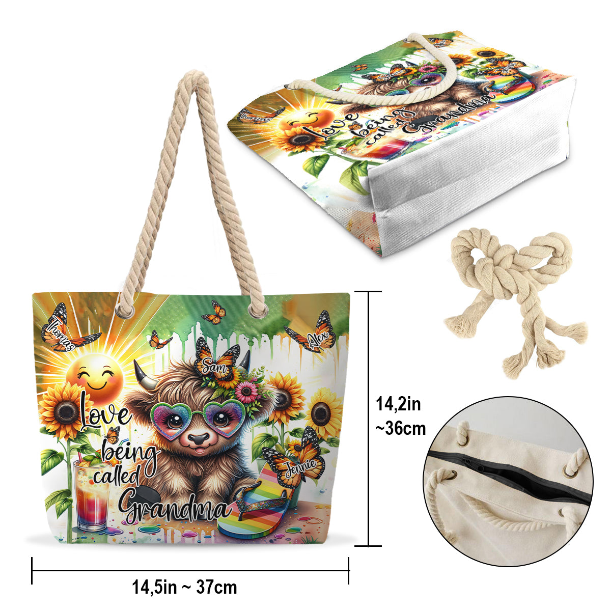 Love Being Called Grandma Highland Cow Summer Vibes - Personalized Beach Bag