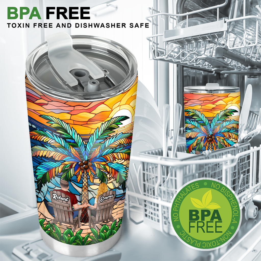 Under The Palm Tree Happy Couple - Personalized Couple Tumbler