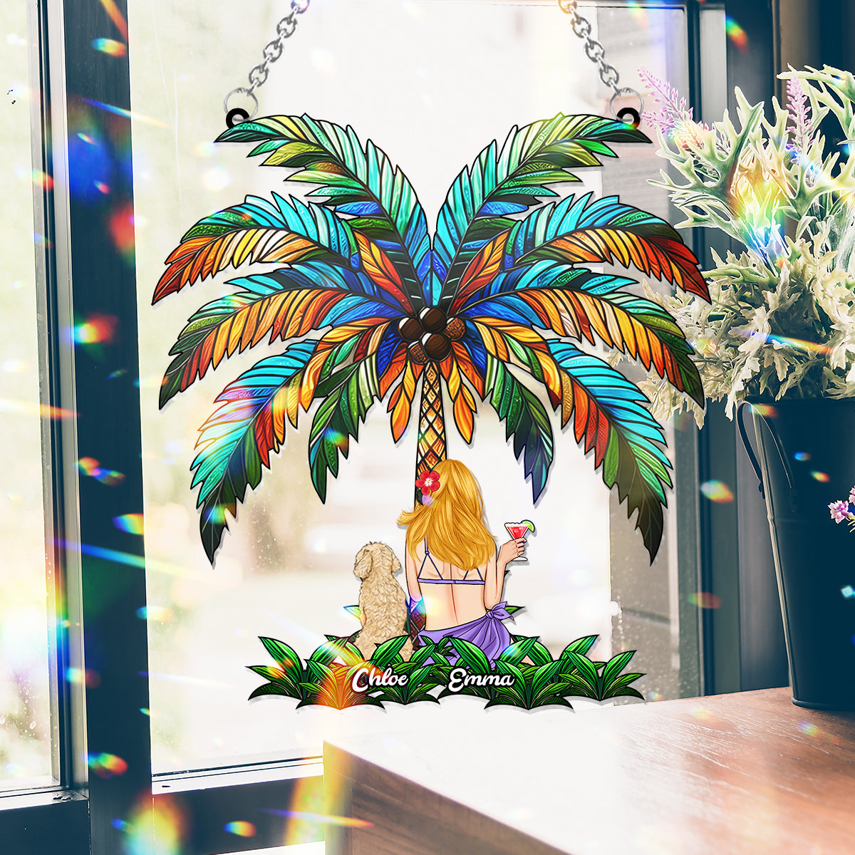 You & Me Under The Palm Tree - Personalized Dog Window Hanging Suncatcher Ornament