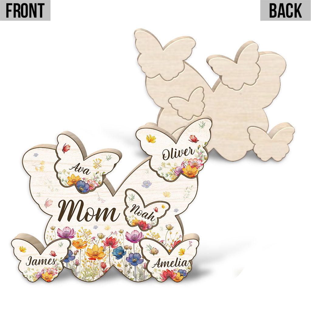 Mom Butterly Wild Flowers - Personalized Mother Shaped Wooden Puzzle