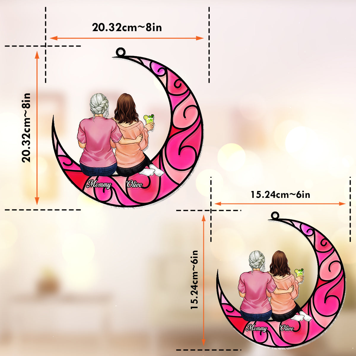 Mother And Children Sitting On The Moon - Personalized Mother Window Hanging Suncatcher Ornament