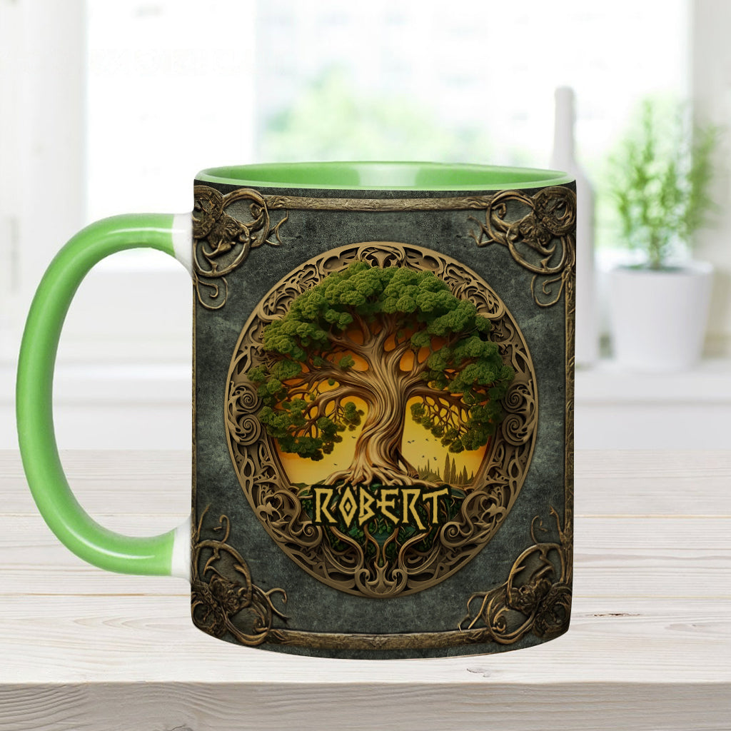Lebensbaum-Motiv, skandinavische Mythologie, rustikaler Stil – personalisierte Tasse mit irischem Akzent