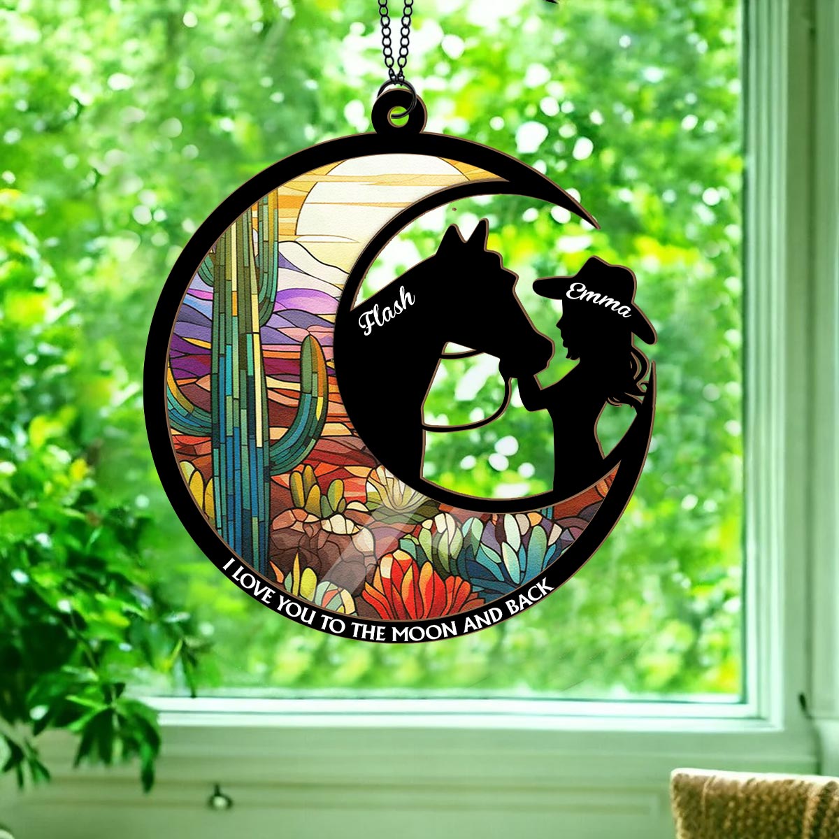 Ich liebe dich bis zum Mond – Pferdemädchen-Buntglasbild – Personalisierter zweilagiger Fensterhänger mit Pferdemotiv