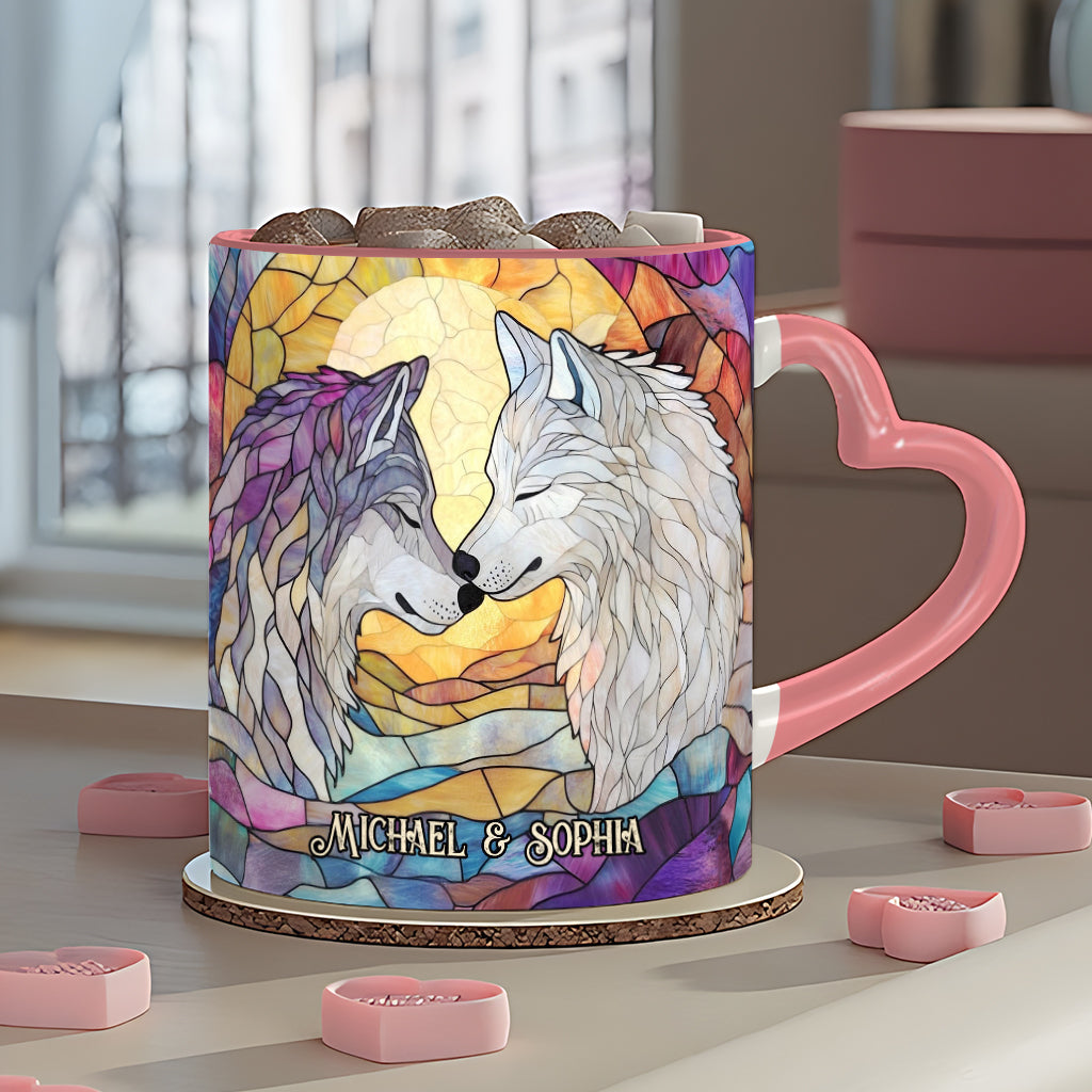 Wolf He Keeps Me Safe She Keeps Me Wild - Personalized Couple Heart Handle Mug