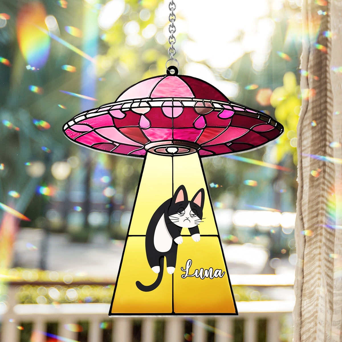 UFO With A Cat - Personalized Cat Window Hanging Suncatcher Ornament
