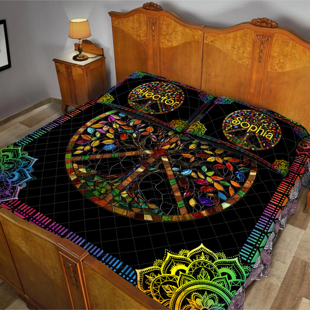 It's A Beautiful World Tree Of Life Peace Sign - Personalized Hippie Quilt Set
