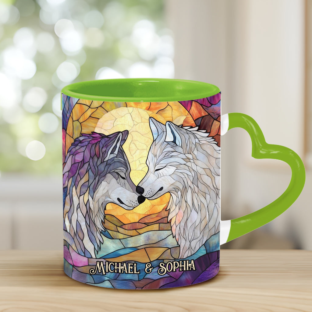 Wolf He Keeps Me Safe She Keeps Me Wild - Personalized Couple Heart Handle Mug