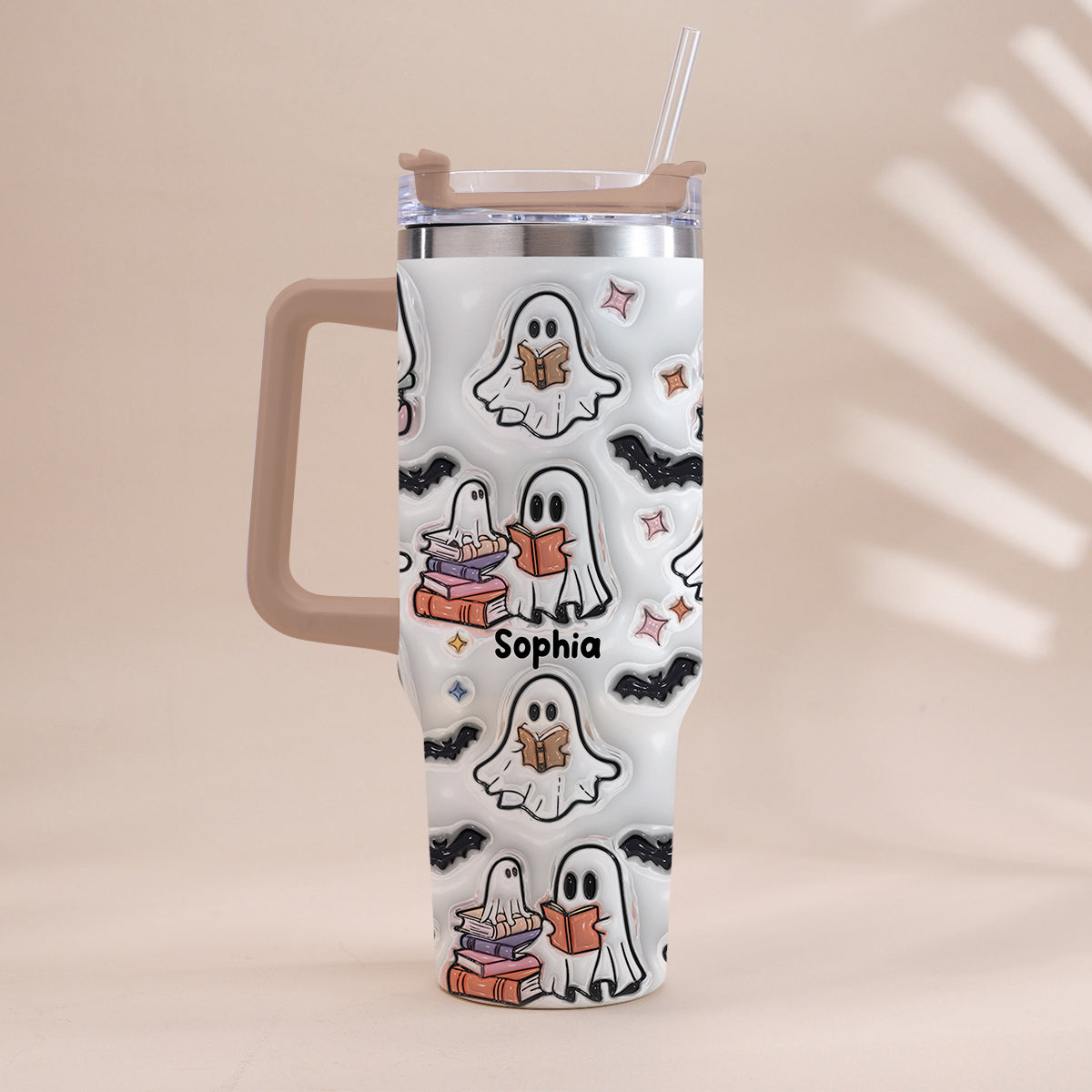 Cute Ghost Reading Booooks - Personalized Book Tumbler With Handle