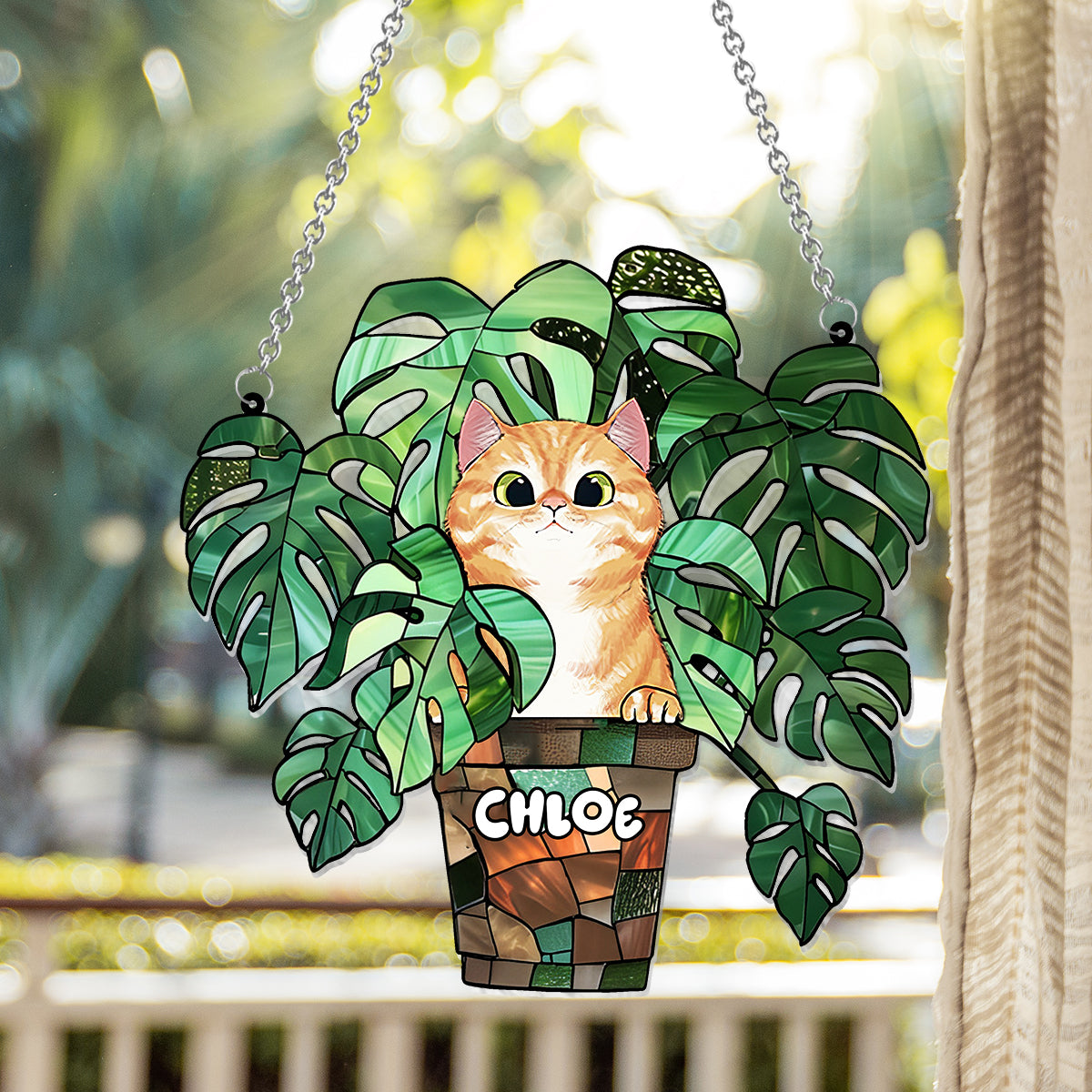 Peeking Cat And Monstera - Personalized Cat Window Hanging Suncatcher Ornament