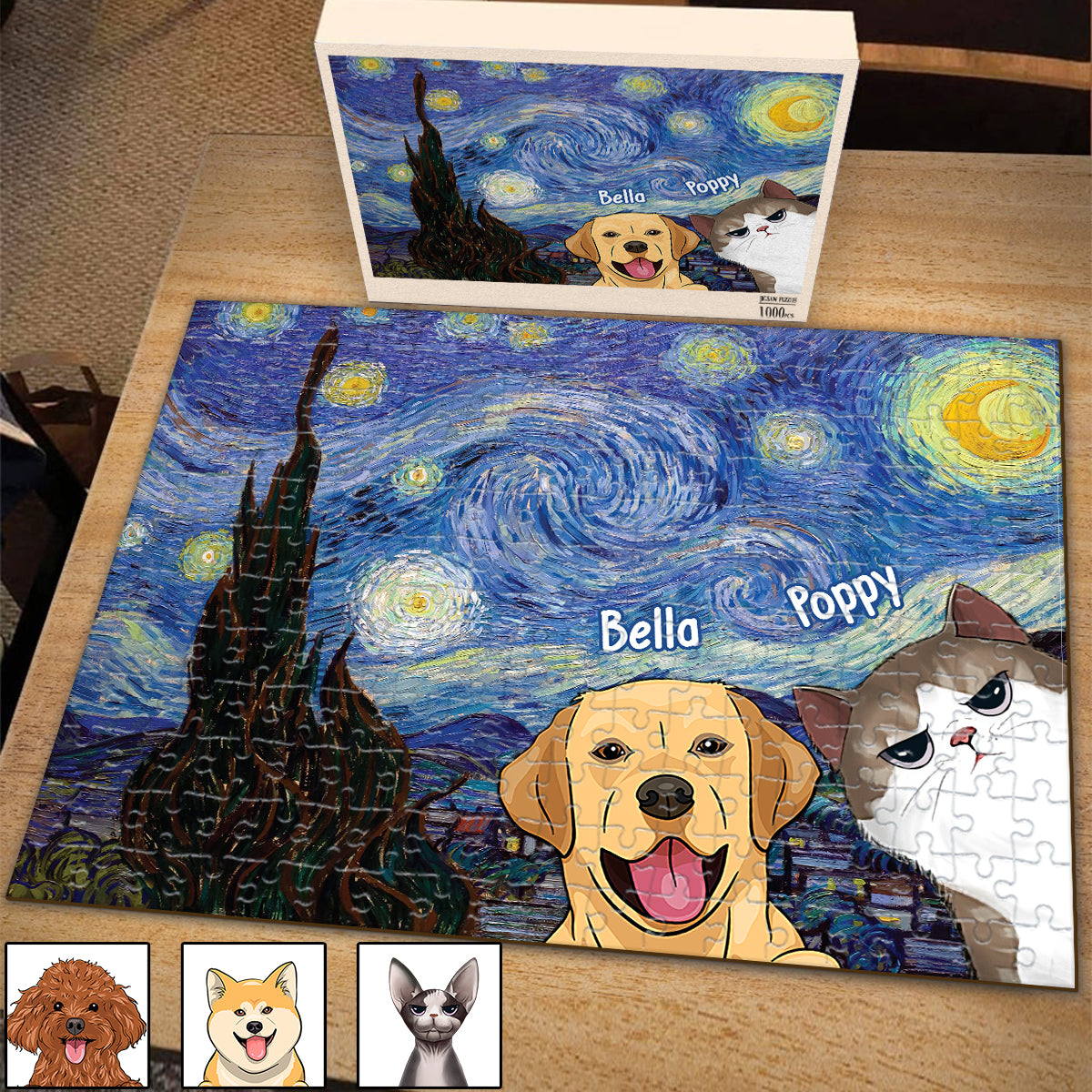 Van Gogh Starry Night Cat - Personalized Cat Jigsaw Puzzle