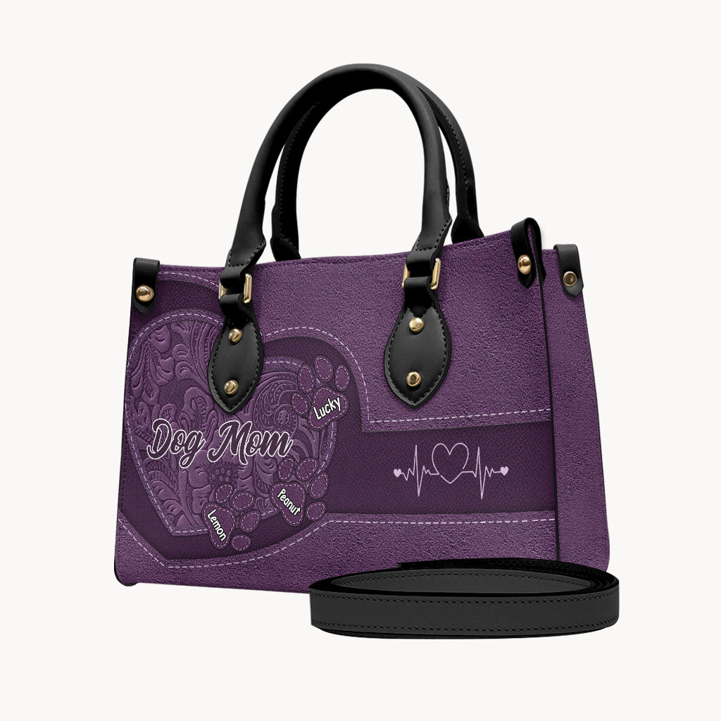 Dog Mom Cat Mom Heart And Paws - Personalized Dog Leather Handbag